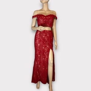 Ellie Wilde Mon Cheri Size 4 red  Lace Crochet Nude Illusion prom dress EW118059